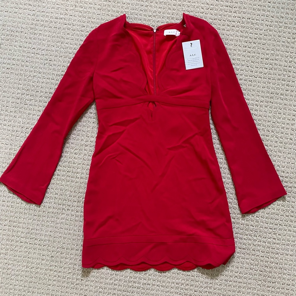 A.L.C. Scalloped red plunge mini dress. NWT.